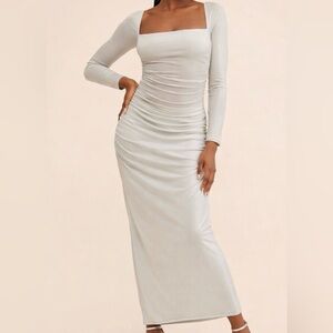 AFRM Sofi Foil Mesh Maxi Dress Silver Ruched Long Sleeve Bodycon XS